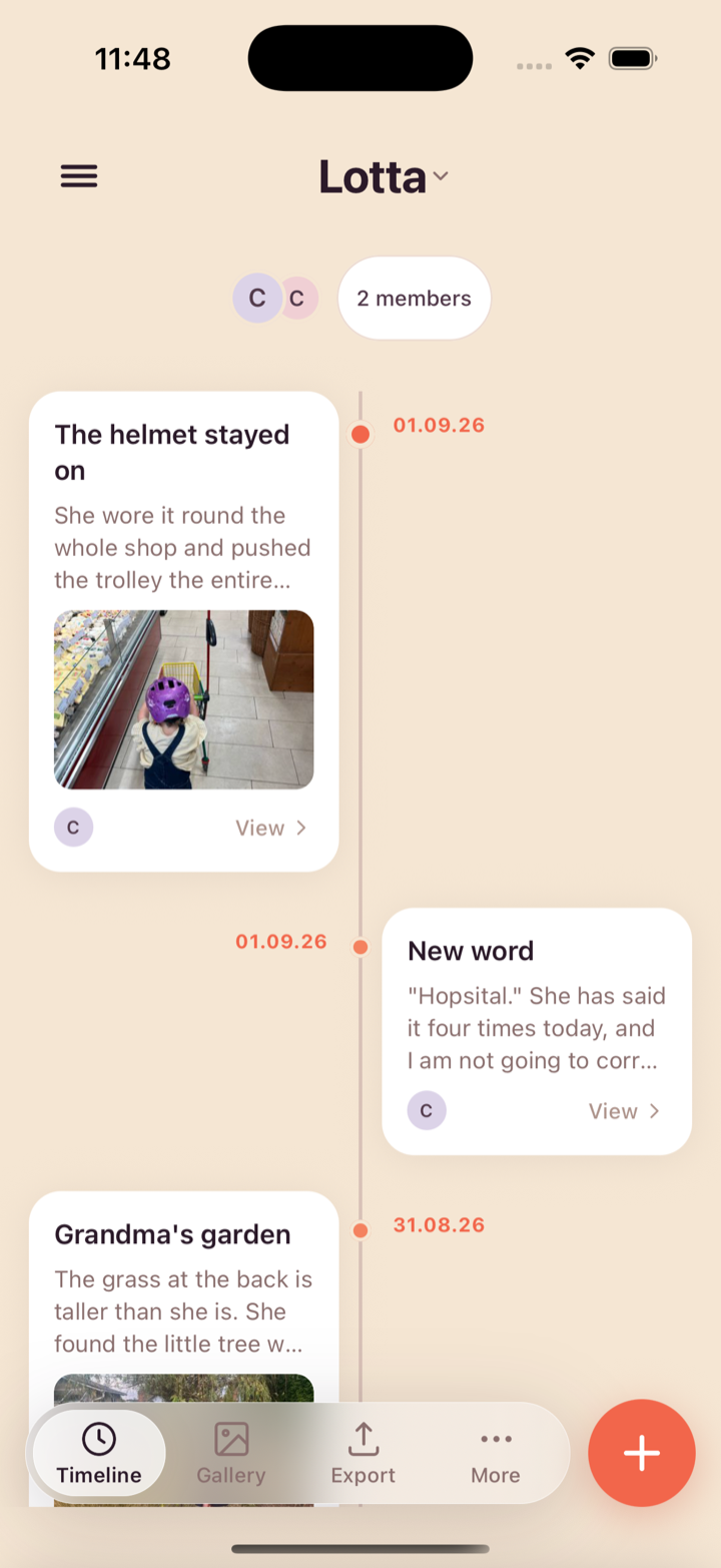 The LottaLou timeline on an iPhone: entries titled The helmet stayed on, New word and Grandma's garden, each with the first line of what was said and the photo it was said about.